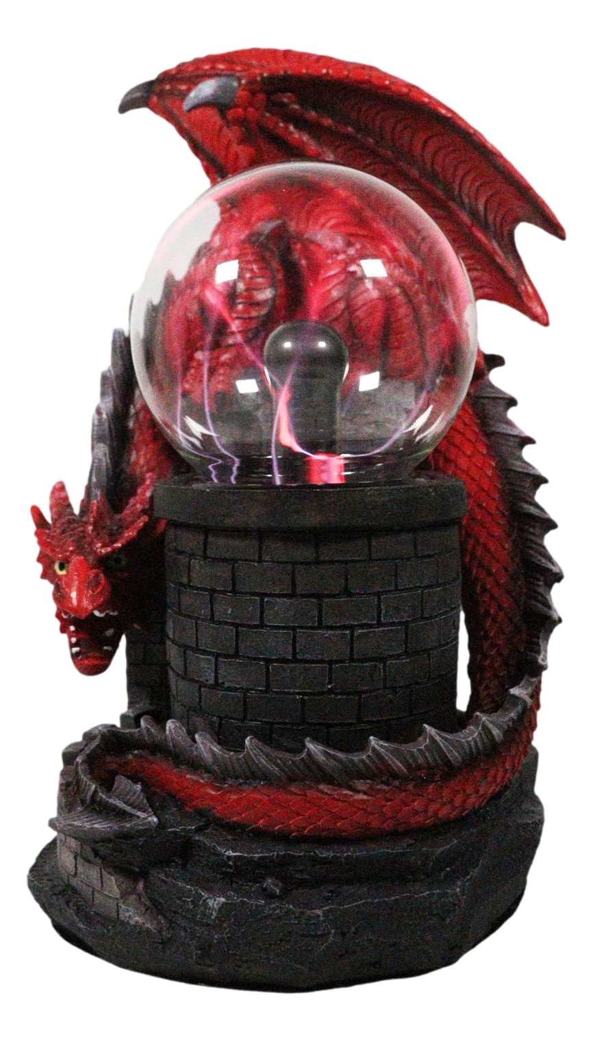 Ebros Large Dungeons and Dragons Red Fire Dragon Guarding Castle with Electric Plasma Sphere Ball Lamp Statue 11