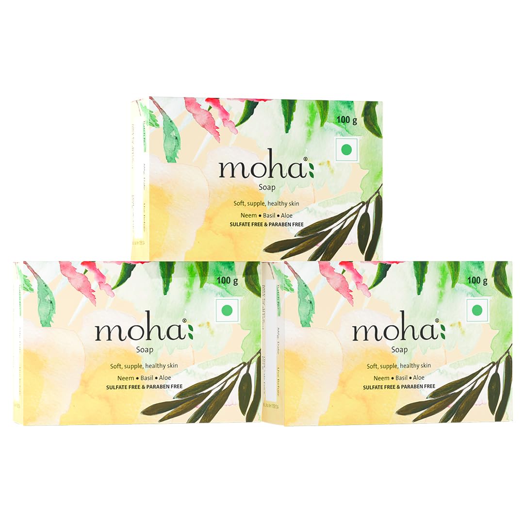 Moha Herbal Bathing Soap with Neem, Tulsi & Aloe Vera for Soft, Supple & Healthy Skin | Natural Soaps for Deeply Hydrated, Smooth, Fresh & Moisturized Skin | Gentle Soap Bar for Dry, Sensitive Skin Infections | Organic Bar for Removing Dirt, Impurities & Excess Oil | Hydrating Bath Bars for Daily Use - 100 Gm (Pack of 3)
