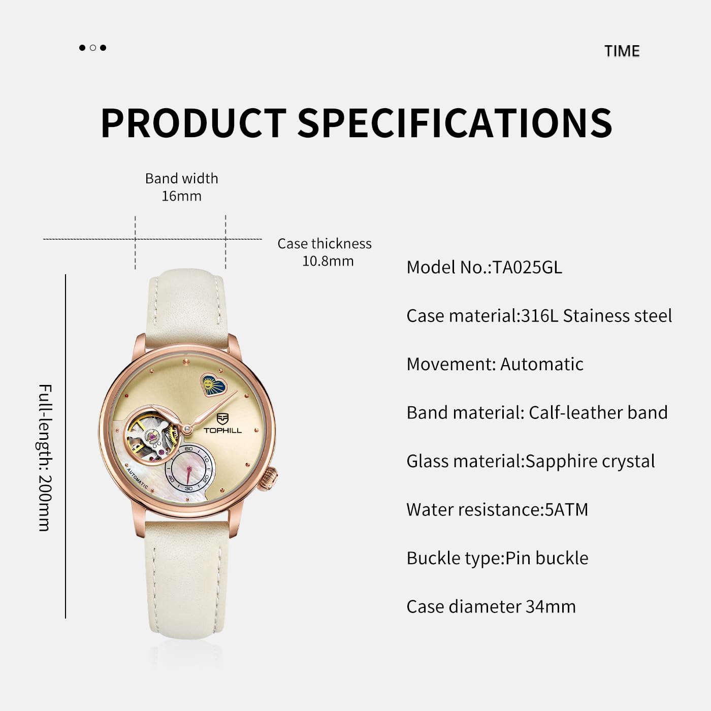 TOPHILL Womens Watch Automatic,Elegant Leather Watch,Sapphire Crystal,Day& Night Display,Skeleton Mechanical Ladies Watches, Casual Dress Watches for Women