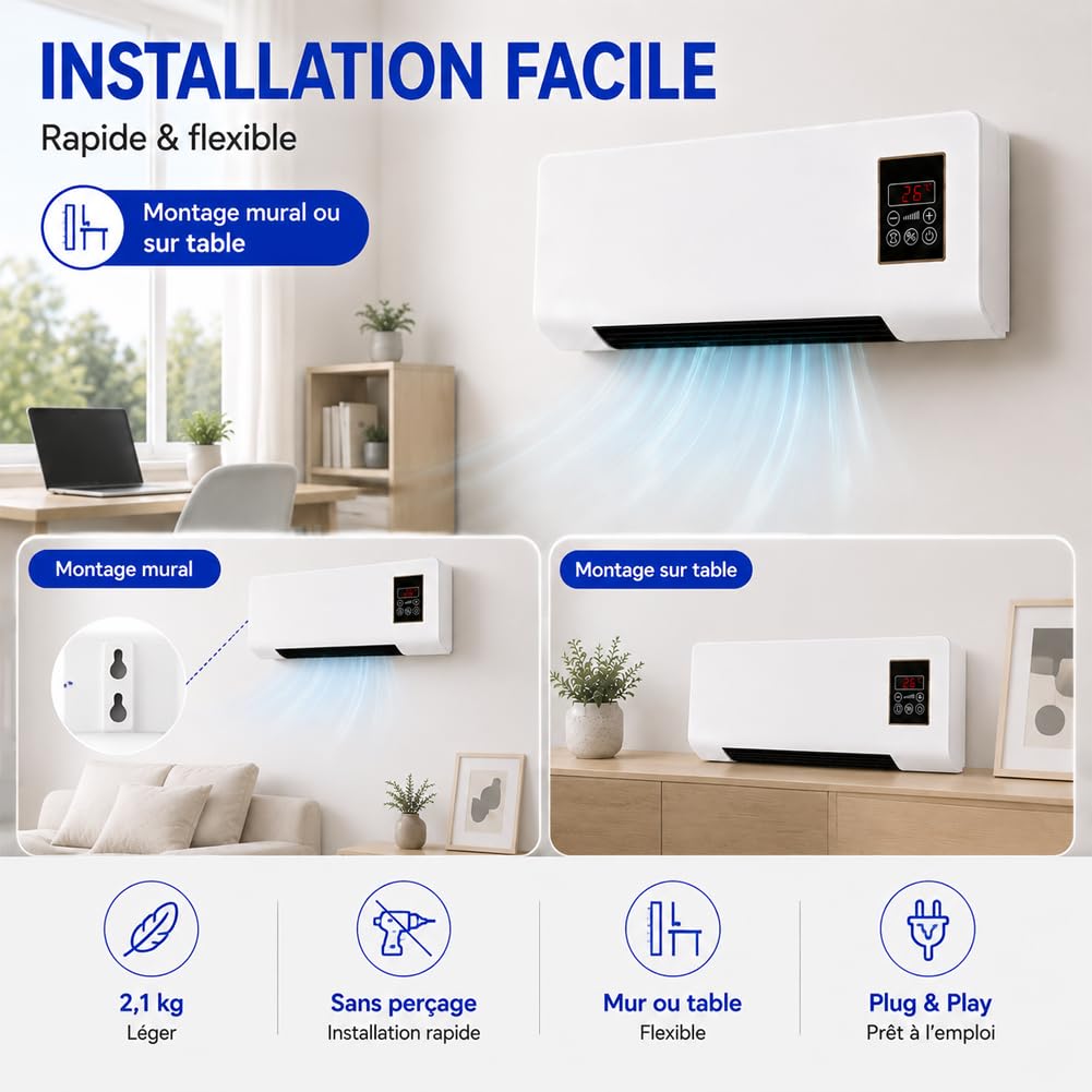 Epicooler Climatiseur - élément de Design Pour Circulation d'air, Climatiseur Mural Sans évacuation Avec Télécommande, Compagnon 4 Saisons, Fixation Simple, Gain de Place (1pcs)