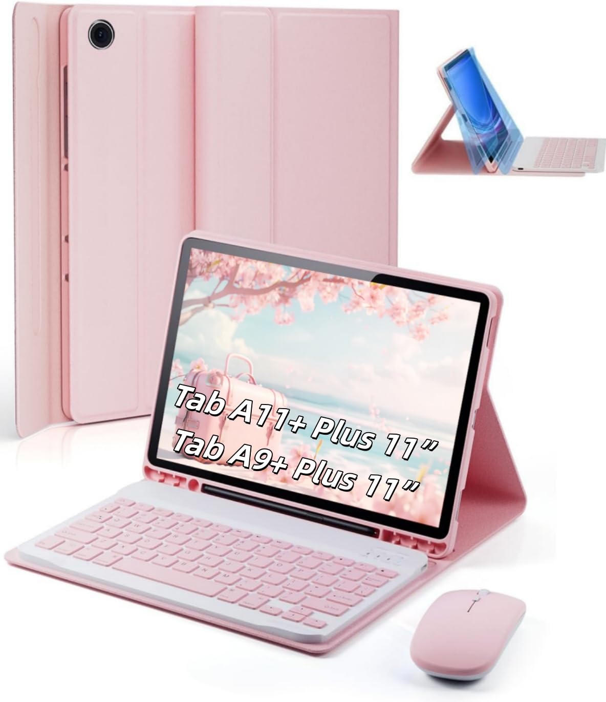 Case Keyboard for Samsung Galaxy Tab A9+ / A11+ Plus 2023/2025 11 Inch - Mouse and Detachable Magnetic Keyboard, Slim Case with S Pen Holder, Auto Sleep/Wake (Pink)