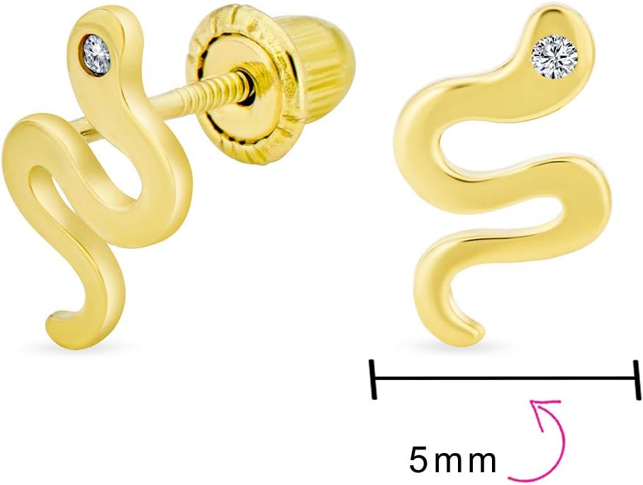 Minimalist Tiny Mini CZ Accent Garden Reptile Serpent Snake Stud Earrings For Women Teen Real 14K Yellow Gold Safety Clutch Screw back