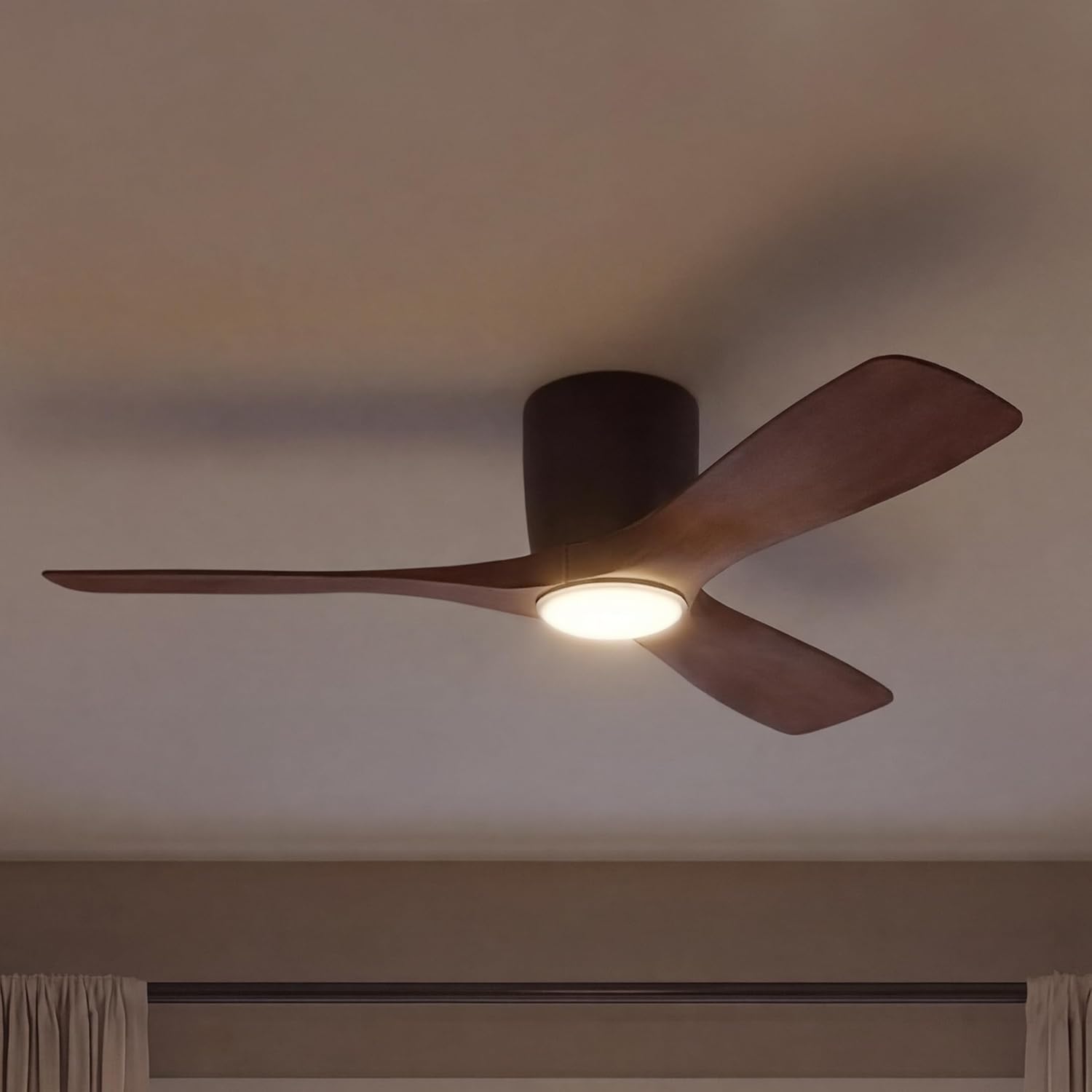 Kichler Volos 48 inch Ceiling Fan with LED Light and Wall Control in Satin Natural Bronze with Walnut look blades for Living Room, Home Office, Bedroom and Kitchen, (48"W x 10.5"H), 300032SNB
