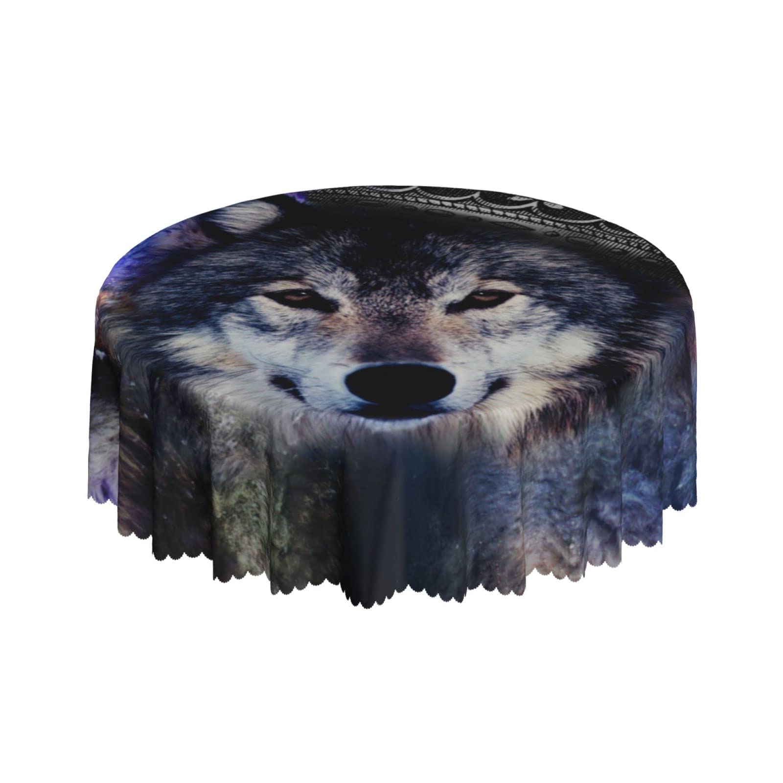 Lsjuee Wolf Galaxy Abstract Crown Round Tablecloth 60 Inch Printed Washable Tablecloth for Dining Party Holiday Fall Home Decorative