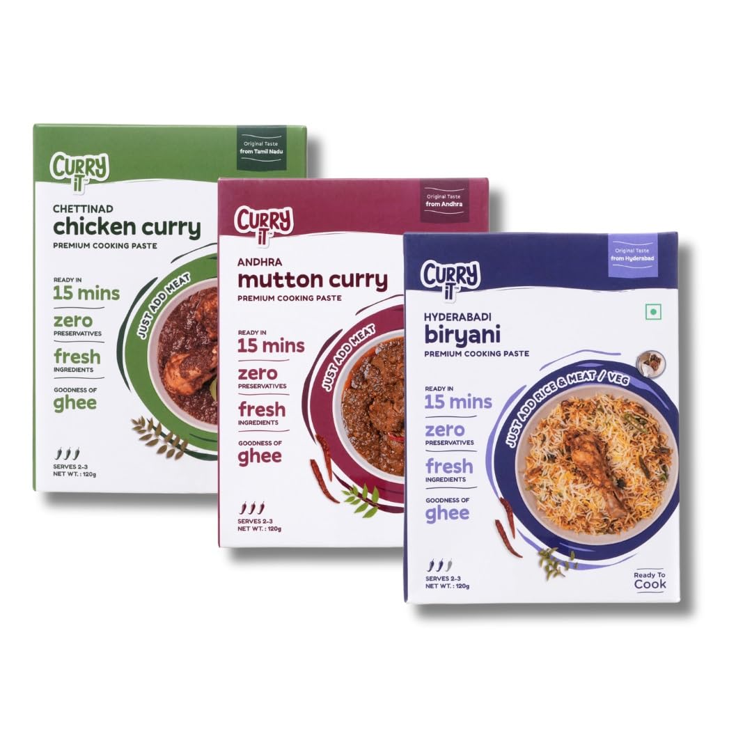 - CURRYiT South India Masala Kit 120g Each (Pack of 3) | Curry Paste - Andhra Mutton, Chettinad Chicken, Hyderabadi Biryani | Indian Masala Gravy | Made with Desi Ghee |Easy & Ready to Cook in 15 Min