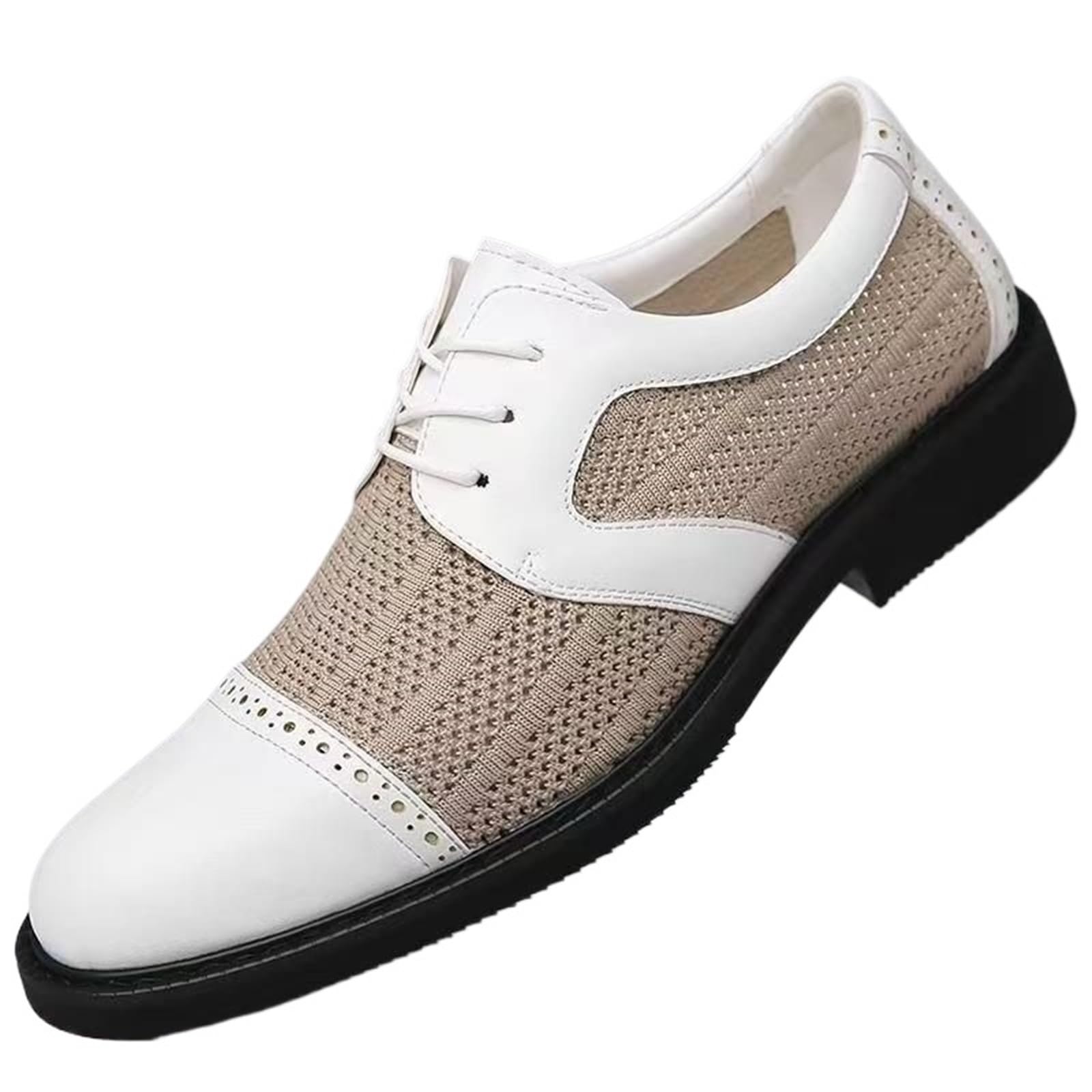 Zapatos de vestir hombre calados transpirables, Oxford casuales de malla y cuero con cordones, suela blanda antideslizante resistente al desgaste Negro Beige