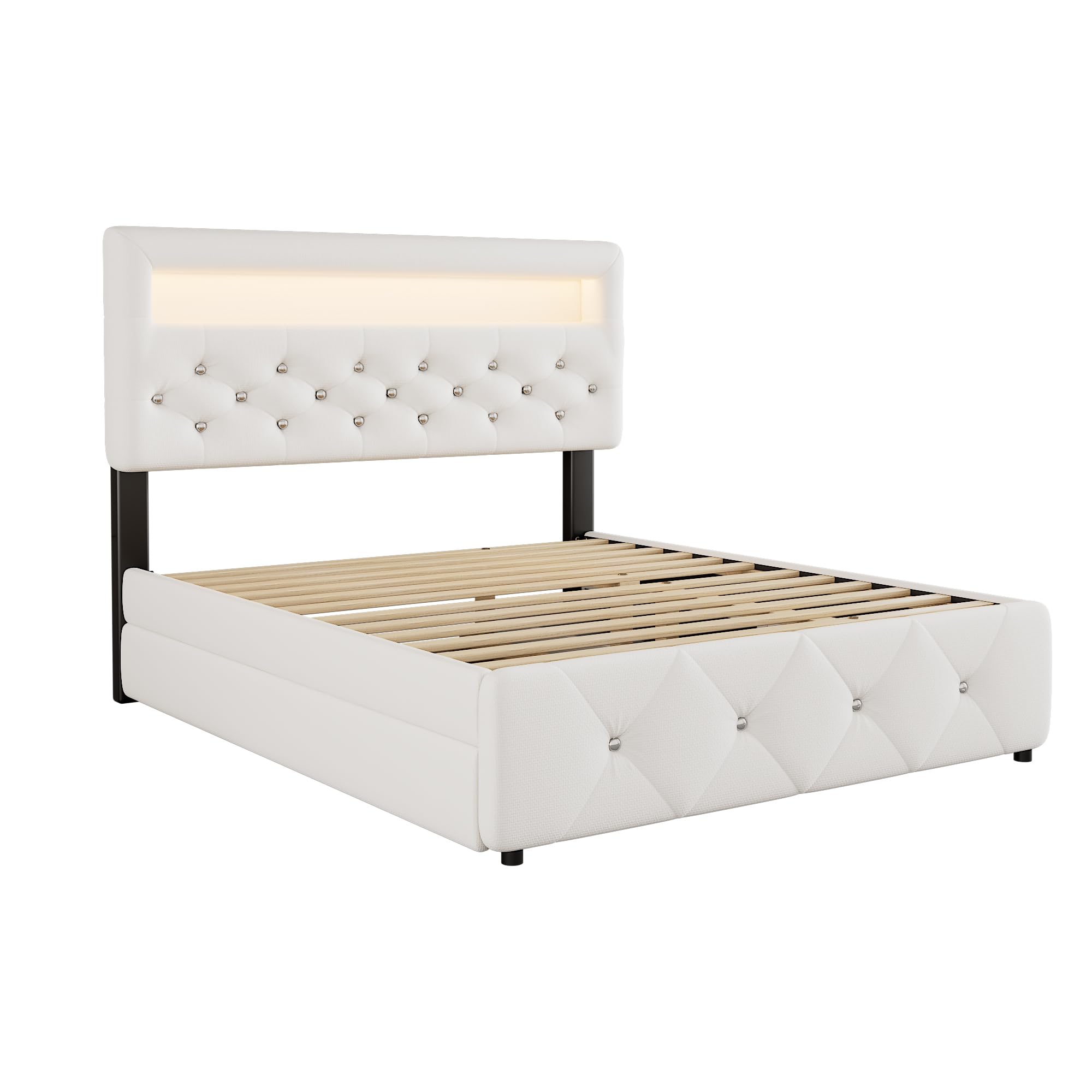 Letto Tessile 140x200cm con Sommier a doghe stabili e Struttura Letto Matrimoniale fissa piattaforma due cassetti inferiori secondo letto estraibile testiera regolabile Bianco
