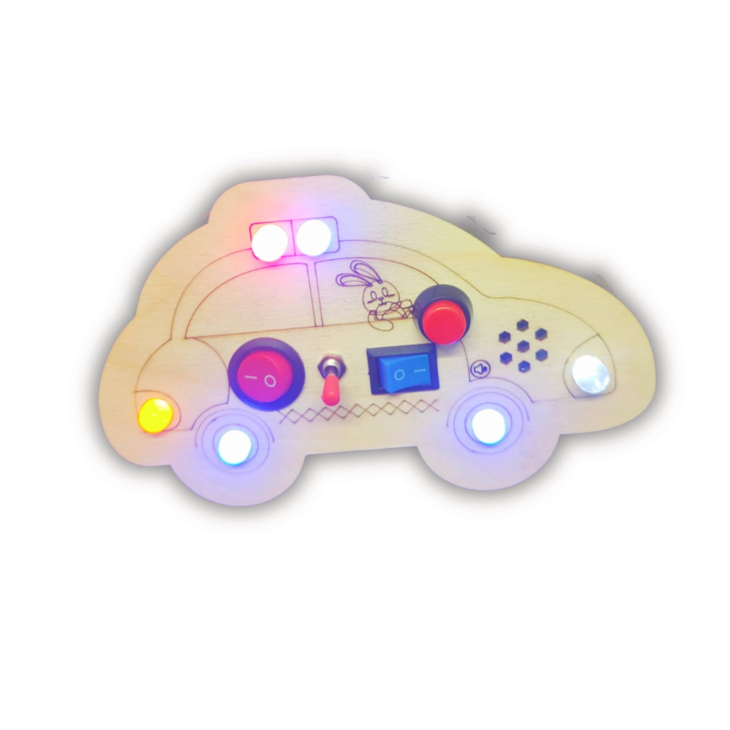 Metclap Emergency Echo Busy Board – Wooden Car Shape Montessori Busy Board Toy with Lights, Siren Sounds, Switches & Buttons – Educational Sensory Activity Toy for Toddlers, Kids Travel Learning Toy 3