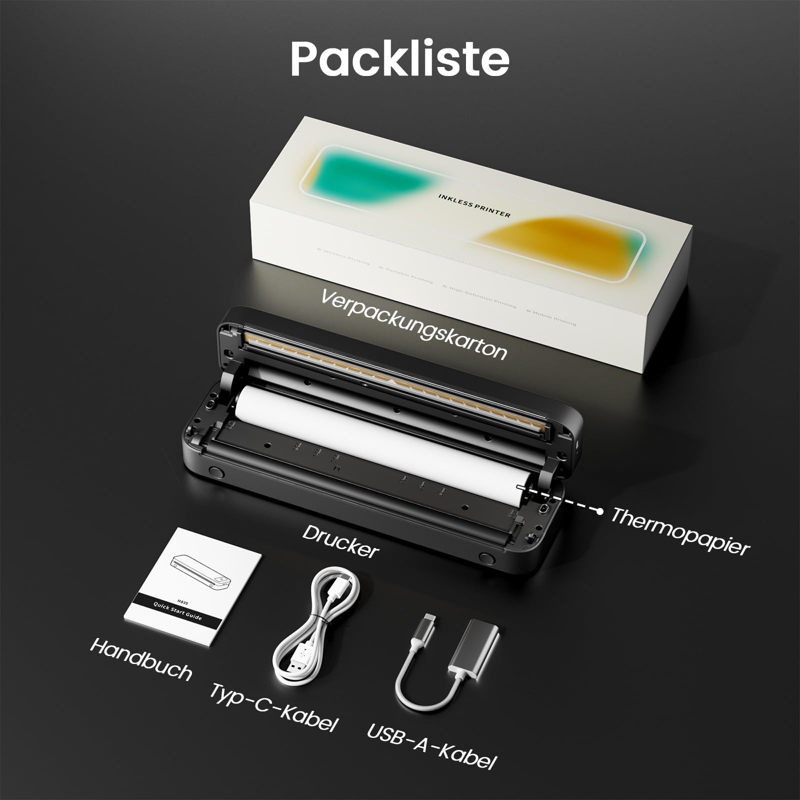 TATTMUSE Thermodrucker A4, Bluetooth Mobiler Drucker, Rechnungen, Belegdrucker, Lernen, Tragbarer Drucker Kompatibel mit Phone, Monochromer Reisedrucker Nur Thermopapie, Schwarz