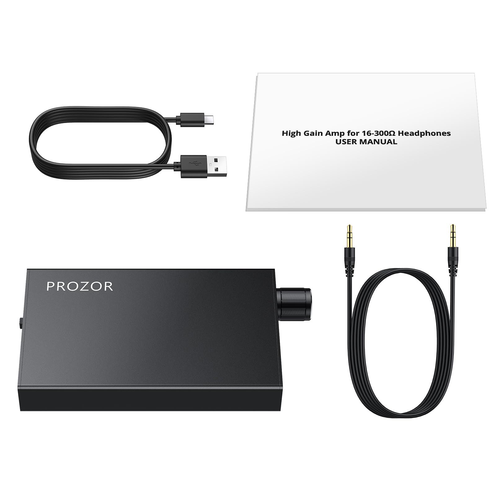 PROZOR HiFi Amplificatore per Cuffie da 16-300Ω Portatile, con Interruttore Gain, Amplificatore per Cuffie da 3,5 mm Ricaricabile USB-C AMP Design in Alluminio Compatibile con Smartphone, PC, MP3/4