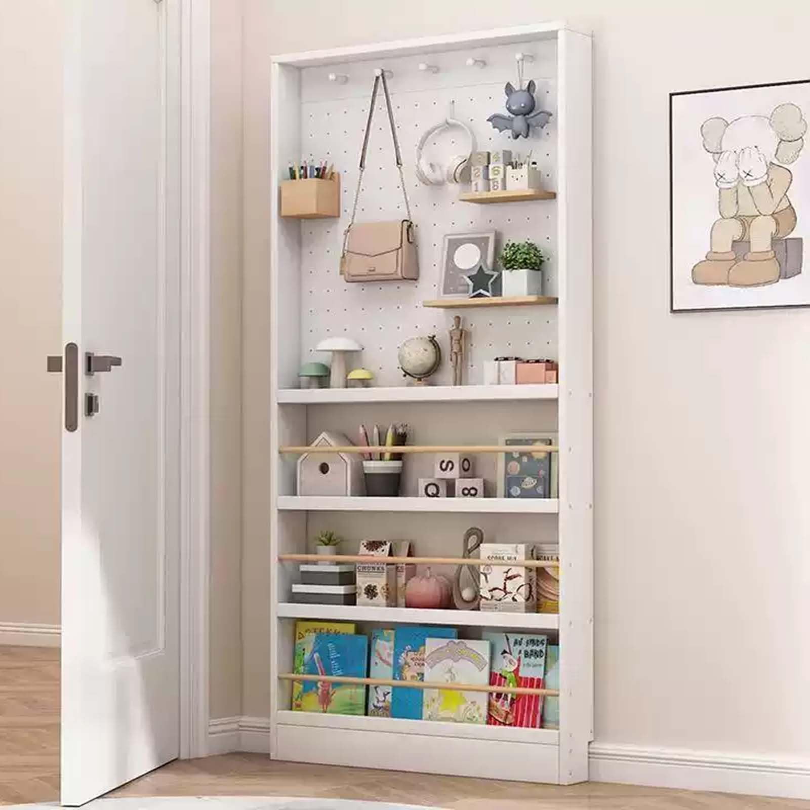 Generisch Smal opbergrek achter de deur, boekenkast met geperforeerde plaat, doe-het-zelf, vloerorganizer, displayrek voor woonkamer, kantoor