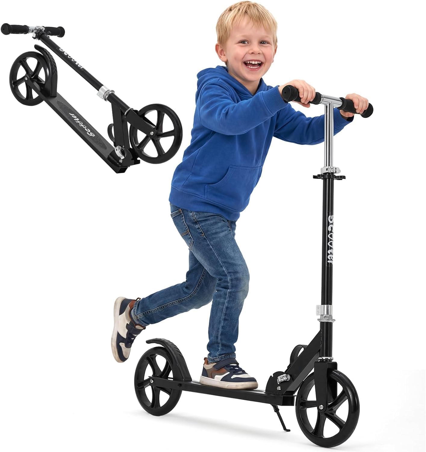 Kick Scooter for Kids Ages 3+, 4.6 lbs Ultra-Lightweight Scooter with 5” LED RGB Lighted Wheels, One-Click Detachable Design, Height-Adjustable Handlebars, Anti-Slip Deck for Boys & Girls, Black