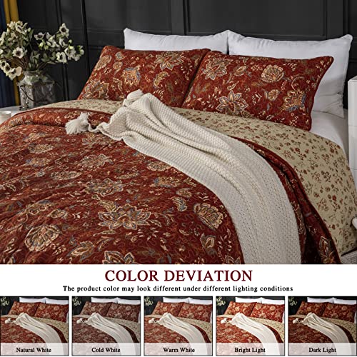 Qucover Quilted Bedspread King Size Soft Warm Cotton Reversible Wine Red and Beige Floral Printing Quilt Coverlet Set, All Seasons Bedspread Quilted with Pillowcase, 240x260 cm - Cosy Home Interiors Qucover Quilted Bedspread King Size Soft Warm Cotton Reversible Wine Red and Beige Floral Printing Quilt Coverlet Set, All Seasons Bedspread Quilted with Pillowcase, 240x260 cm - Image 5