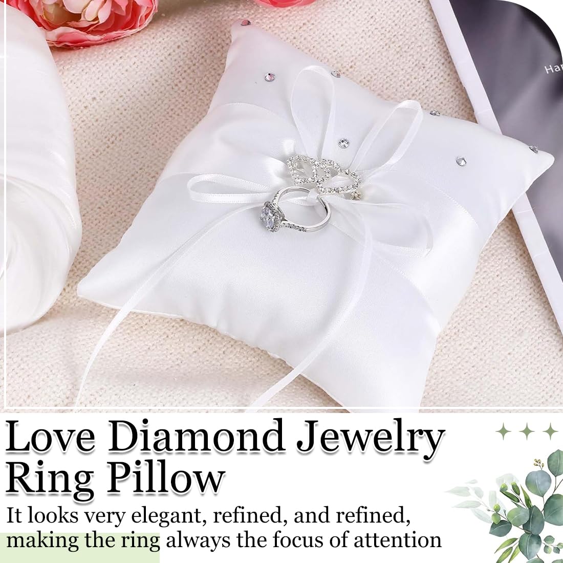 Cuscini portafedi,Cuscino per fedi nuziali bianco, accessori per matrimonio, cuscino per fedi nuziali con doppio cuore e diamanti, 10 cm