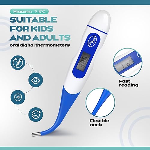 Miniatura 8 de TrelaCo Termómetro digital para adultos y niños, 20 unidades, termómetro oral para fiebre, termómetro corporal basal, punta flexible de lectura