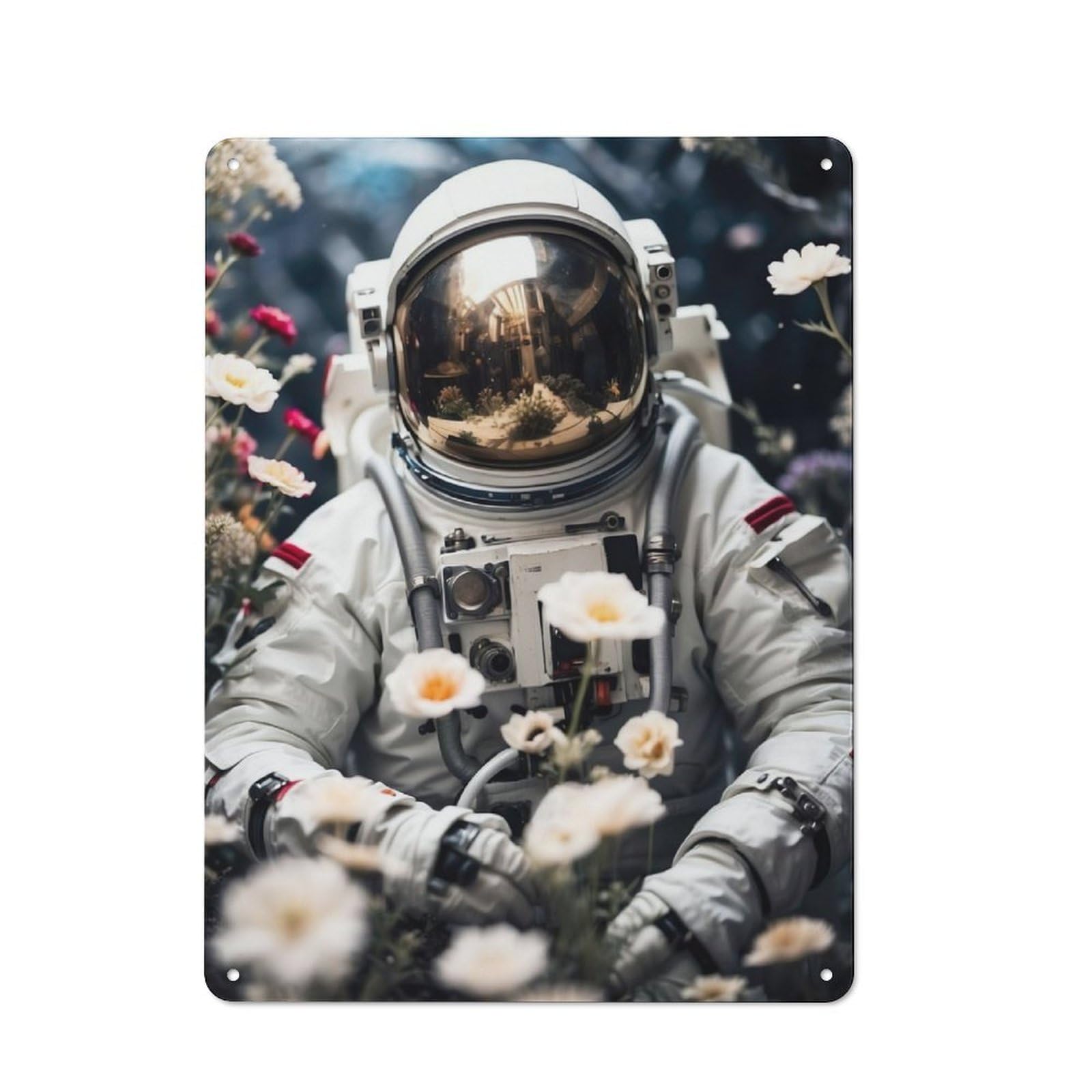 Junmoney Astronaut And Flowers Retro Metal Sign With Design 40X30cm, Retro Old Style Wall Plaque For Kitchen, Hallway, Bar Or Small Cafe
