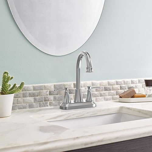 Miniatura 7 de GOWIN Grifo de baño de 2 manijas de níquel cepillado con drenaje desplegable de metal y líneas de suministro de grifo, grifo de utilidad giratorio