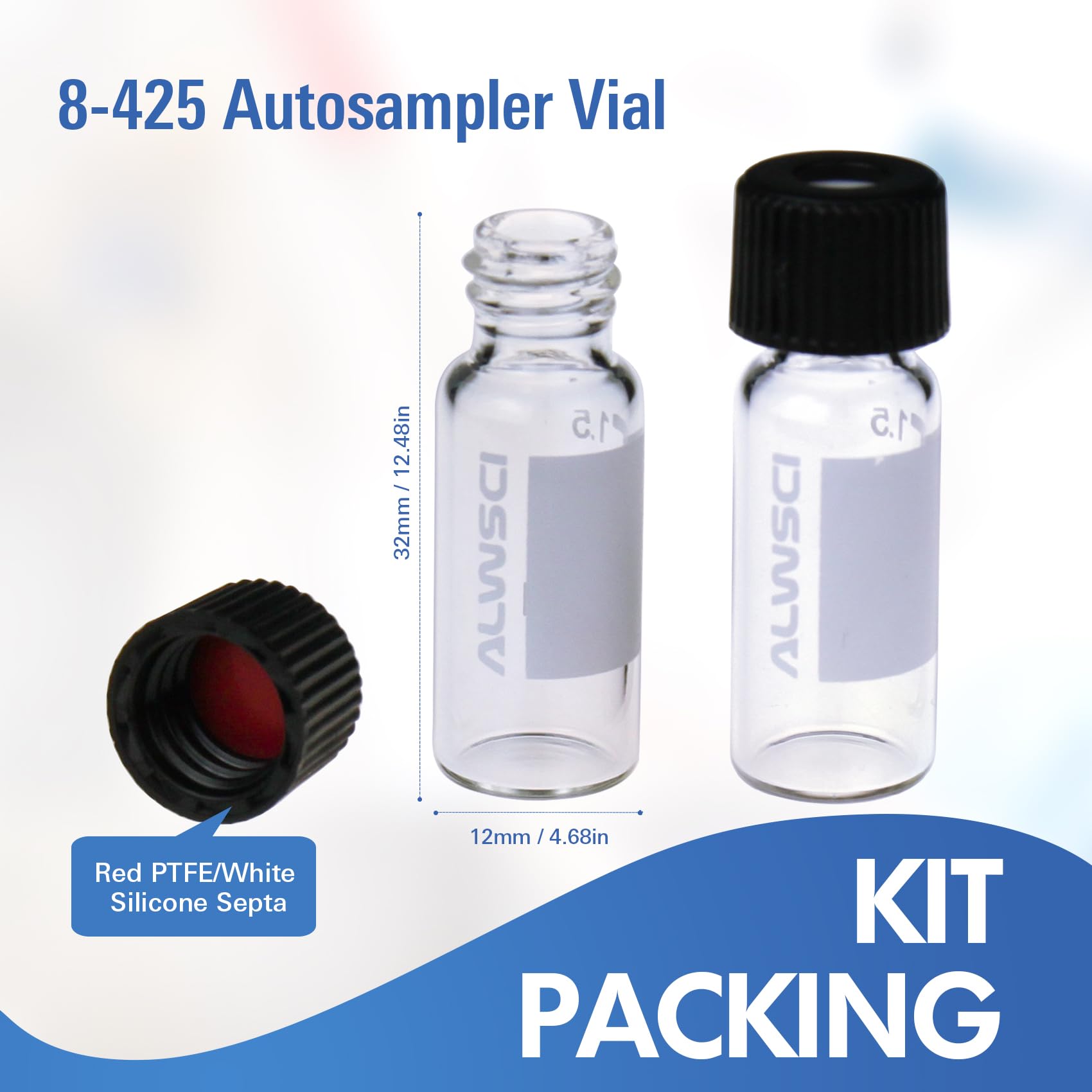 ALWSCI Fiale di Vetro per HPLC da 2 ml, Fiale per Autocampionatore Trasparenti da Laboratorio, Fiala Trasparente 8-425, Tappo a Vite Blu con Foro, Setti in Silicone Rosso PTFE&Bianco, 100 pz.