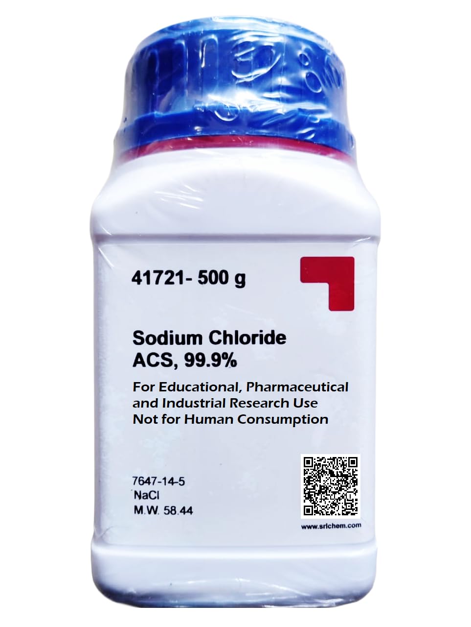 SRL Sodium Chloride ACS Grade, 99.9% Assay (Laboratory & Industrial Use Only), 500Gram Crystalline powder, CAS 7647-14-5, Molecular Formula : NaCl, Storage: Room Temperature, Shelf Life: 60 Months.