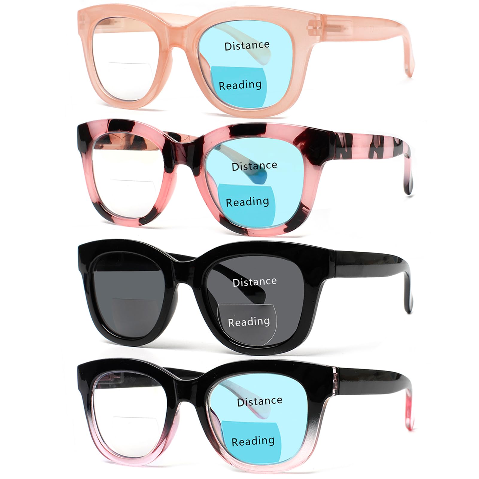 Henotin 4 Pack Bifocal Reading Glasses include Sun Readers for Women Oprah Style Square Blue Light Blocking Eyeglasses (Mix Color, 2.00, x)