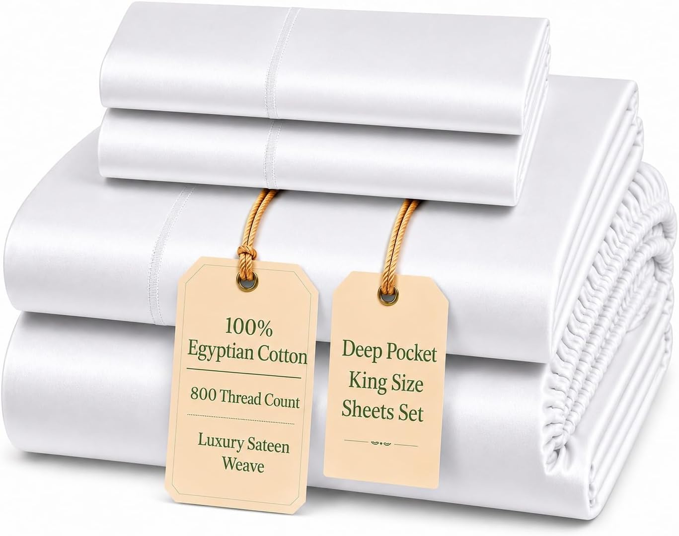100% Egyptian Cotton Sheets King Size Sheets Set with Fully Elasticated 15" Deep Fitted Sheet & Pillowcase Sets, 800TC Sateen Weave Hotel Collection King Sheet Set, Soft Luxury White Bedding