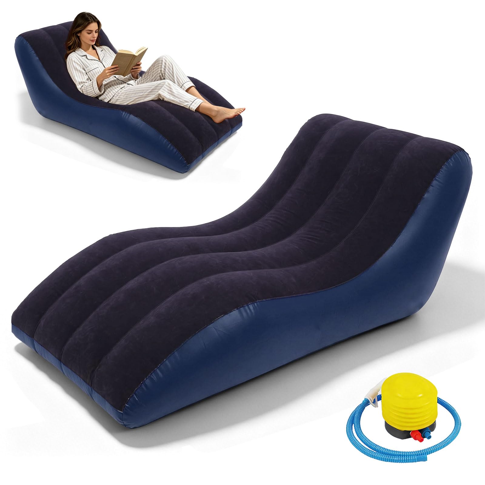 Bocguy Aufblasbarer Sessel, Luftsessel Outdoor, Luftsofa mit Luftpumpe, PVC Inflatable Sofa, Aufblasbare Liege mit Beflockter Oberfläche für Drinnen Draußen Zuhause Camping Picknick Strand(Dunkelblau)