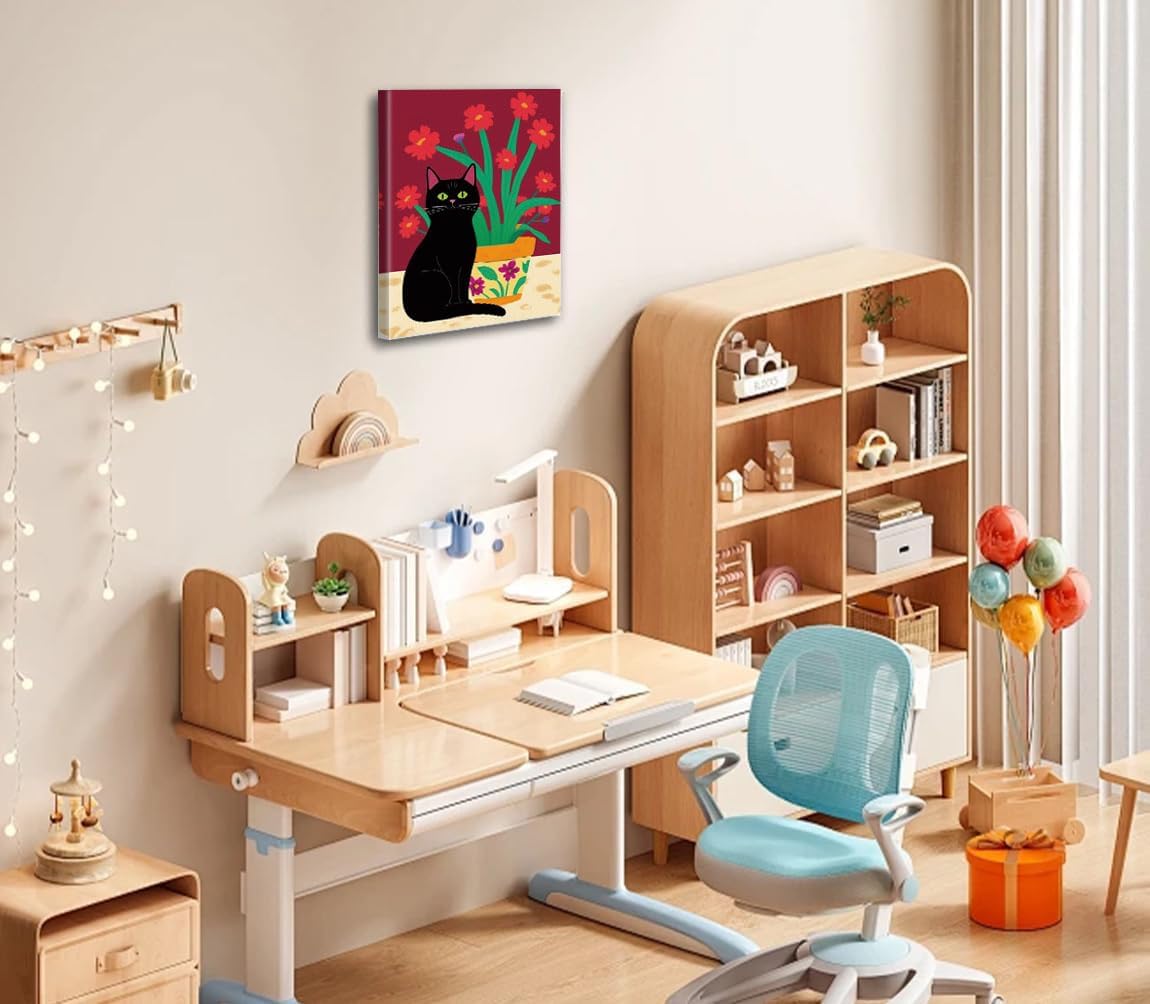 Set of 4 Fun Black Cat Wall Art Abstract Flower Canvas Posters, Colorful Fashion Flower & Cat Art Prints for Bedroom Bathroom Children's Room Home Decor, Framed 8x10 Inches