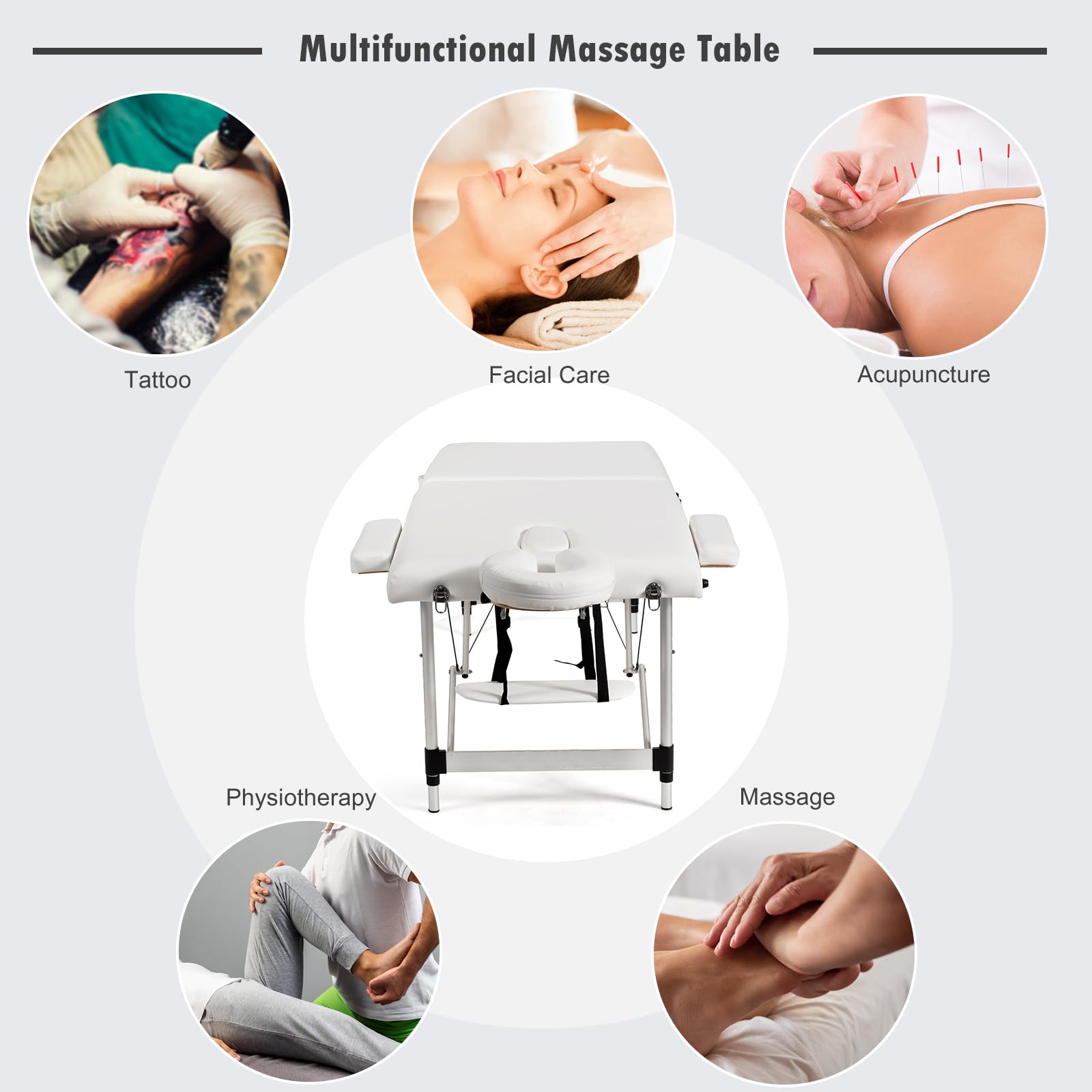 HOMASIS Cama de Masaje Plegable con reposacabezas y reposabrazos extraíbles, Regulable en Altura, portátil con Bolsa, para Fisioterapia, Carga 250 kg, 213x89x59-80 cm, Blanco
