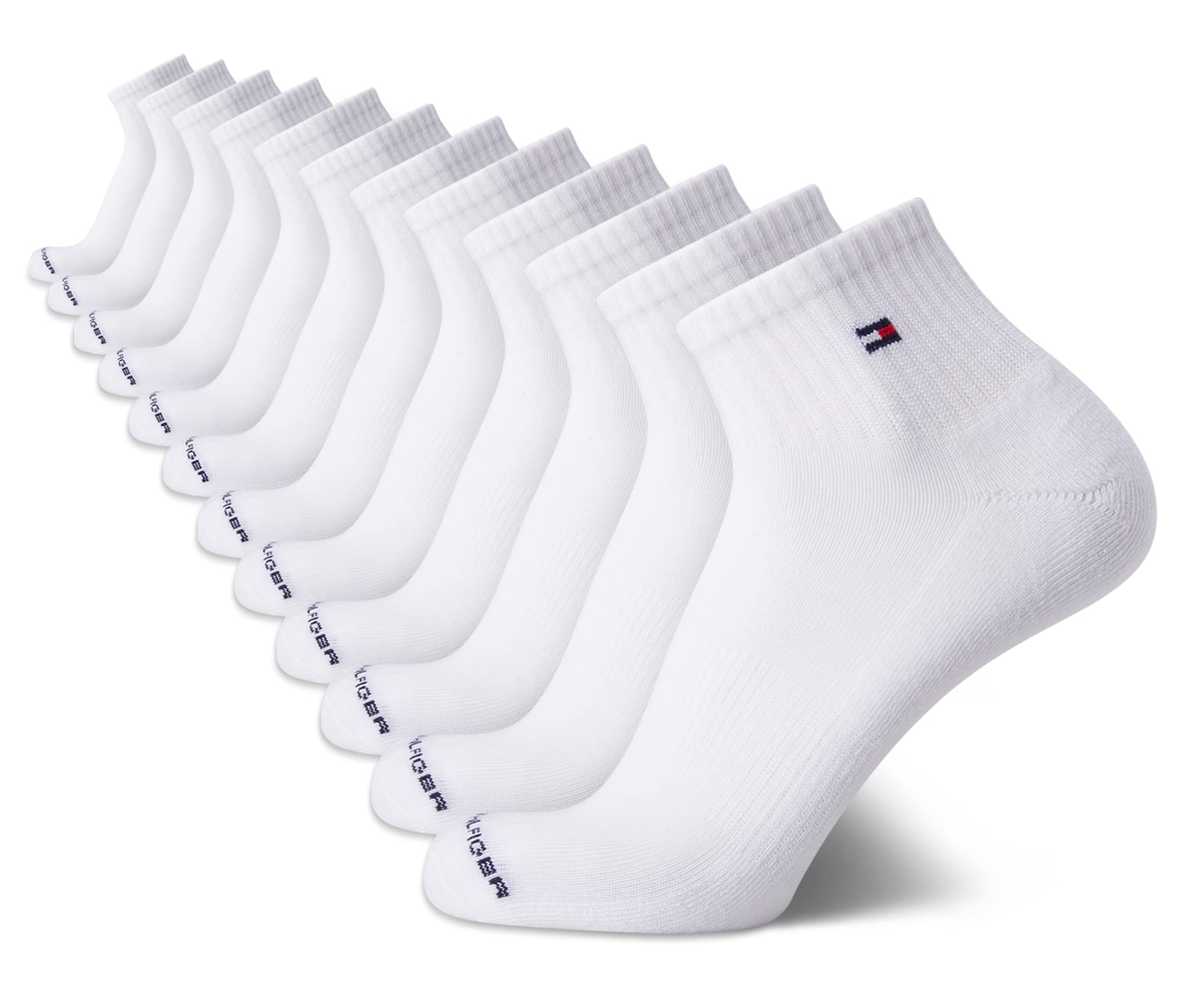 Tommy Hilfiger Mens Quarter Socks - 12 Pack Cotton Blend Athletic Performance Cushioned Ankle Socks for Men with Arch Support