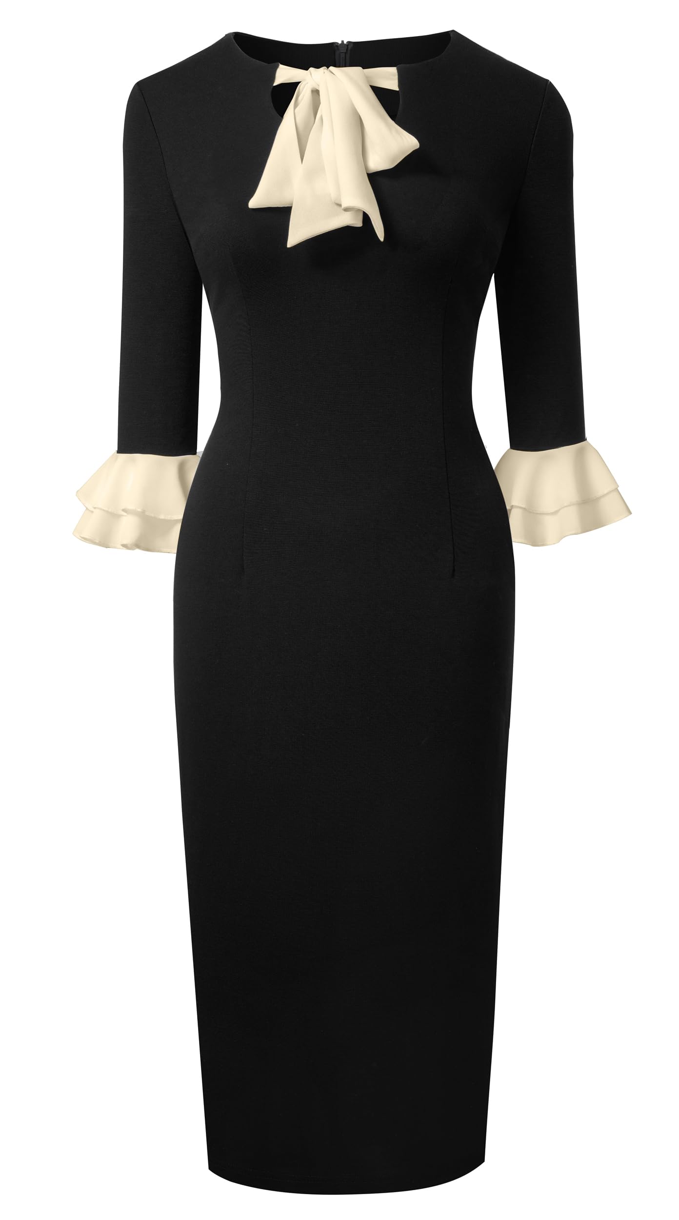 HOMEYEE Damska sukienka ołówkowa z okrągłym dekoltem 3/4 rękawy falbanki sukienka wieczorowa sukienka ołówkowa retro bodycon midi sukienka koktajlowa sukienka kopertowa B800