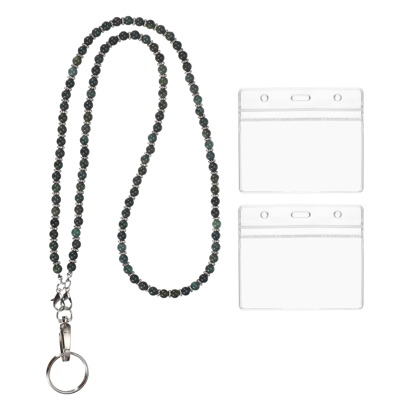 PATIKIL Beaded Lanyards for ID Badges, Cute Gemstone Beaded Keychain Necklace Lanyard with 2 Horizontal Badge Holders for Women Teacher Gift Keys Chain Cards, Green