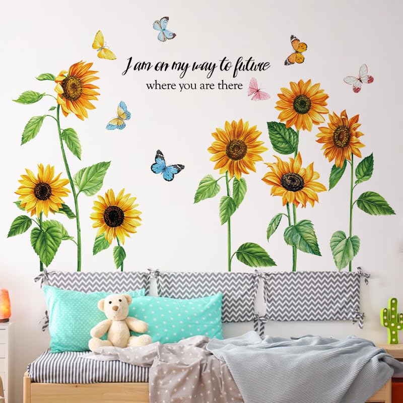 Fufuquare Sunflower Lettering Quotes Sayings Wall Stickers Butterfly Flower Botanical Peel and Stick Wall Decals for Bedroom and Living Room