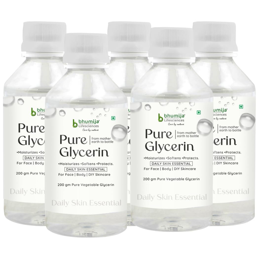 Bhumija Lifesciences Pure Vegetable Glycerine for Face | 100% Natural | Food Grade | Chemical-Free | for Skincare (200 gm, Pack of 5)