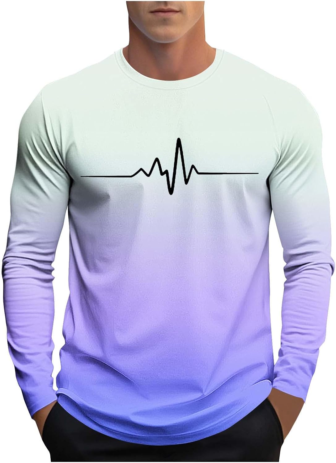 Cambkatl Mens EKG Print Gradient T-Shirts - Fashion Fall Loose Casual Crewneck Long Sleeve Pullover Workout Sweatshirts