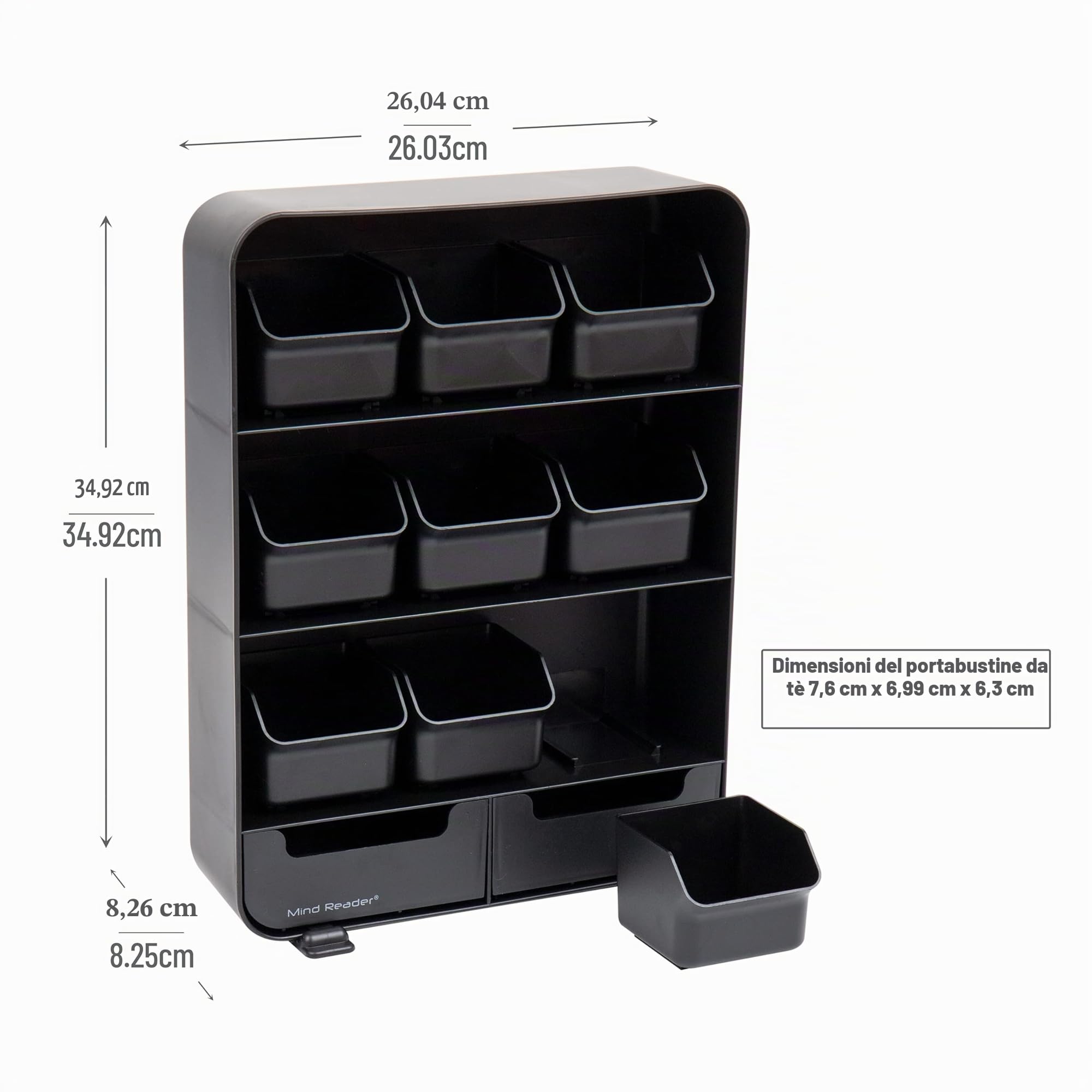 Mind Reader Anchor Collection, organizer per bustine di tè a 11 cassetti, cassetti rimovibili, 26 cm di lunghezza x 8,3 cm di larghezza x 34,9 cm di altezza, nero