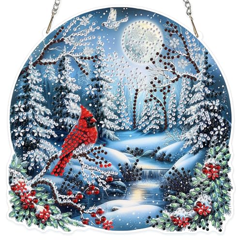 MOGTAA Christmas Diamond Art Hanging Kits for Adults Kids, Christmas Cardinal Diamond Art Suncatchers, 5D Special Shape Winter Diamond Painting Window Pendant Kit for Home Garden Wall Decor