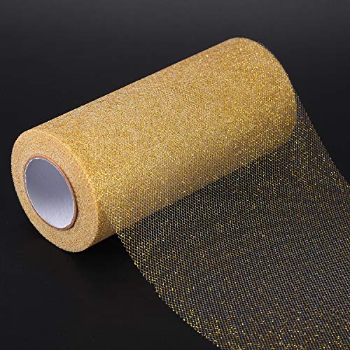 Senkary Glitter Tulle Roll Sparkling Tulle Ribbon Fabric Tulle Spool For Wedding Decoration Gift Wrapping, 6 Inch By 25 Yards (Gold) #TOP1