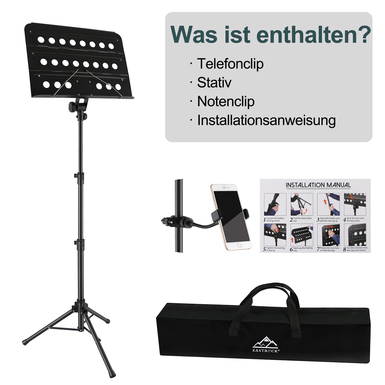 EASTROCK Notenständer Stabil Höhenverstellbar, Klappbar Notenpult Gitarre Geeignet für Kinder und Erwachsene, Profis,(schwarz)