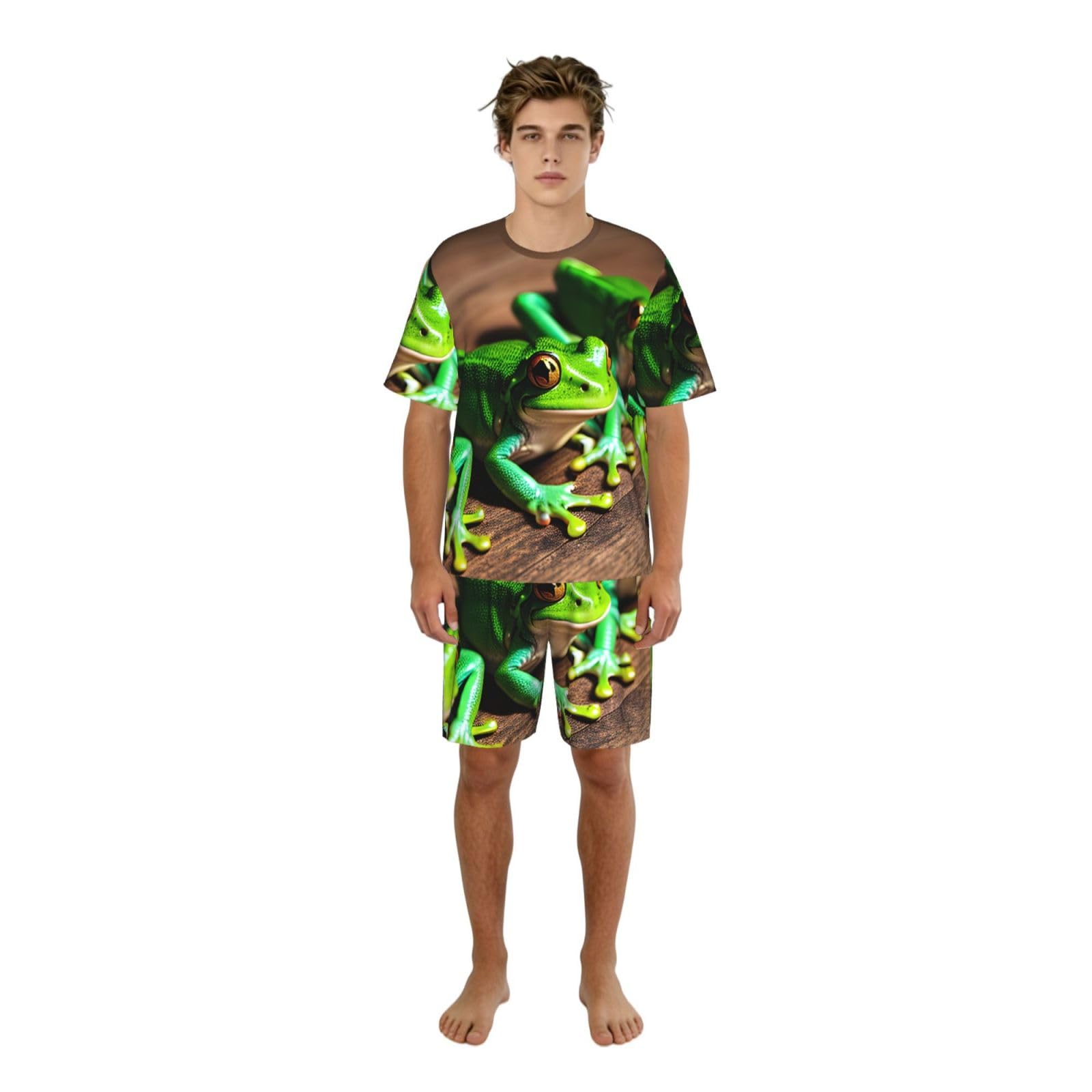 Divertido conjunto de pijama clásico para hombre, con estampado de ranas, pantalones cortos de pijama suaves para hombre, perfecto para las noches de verano