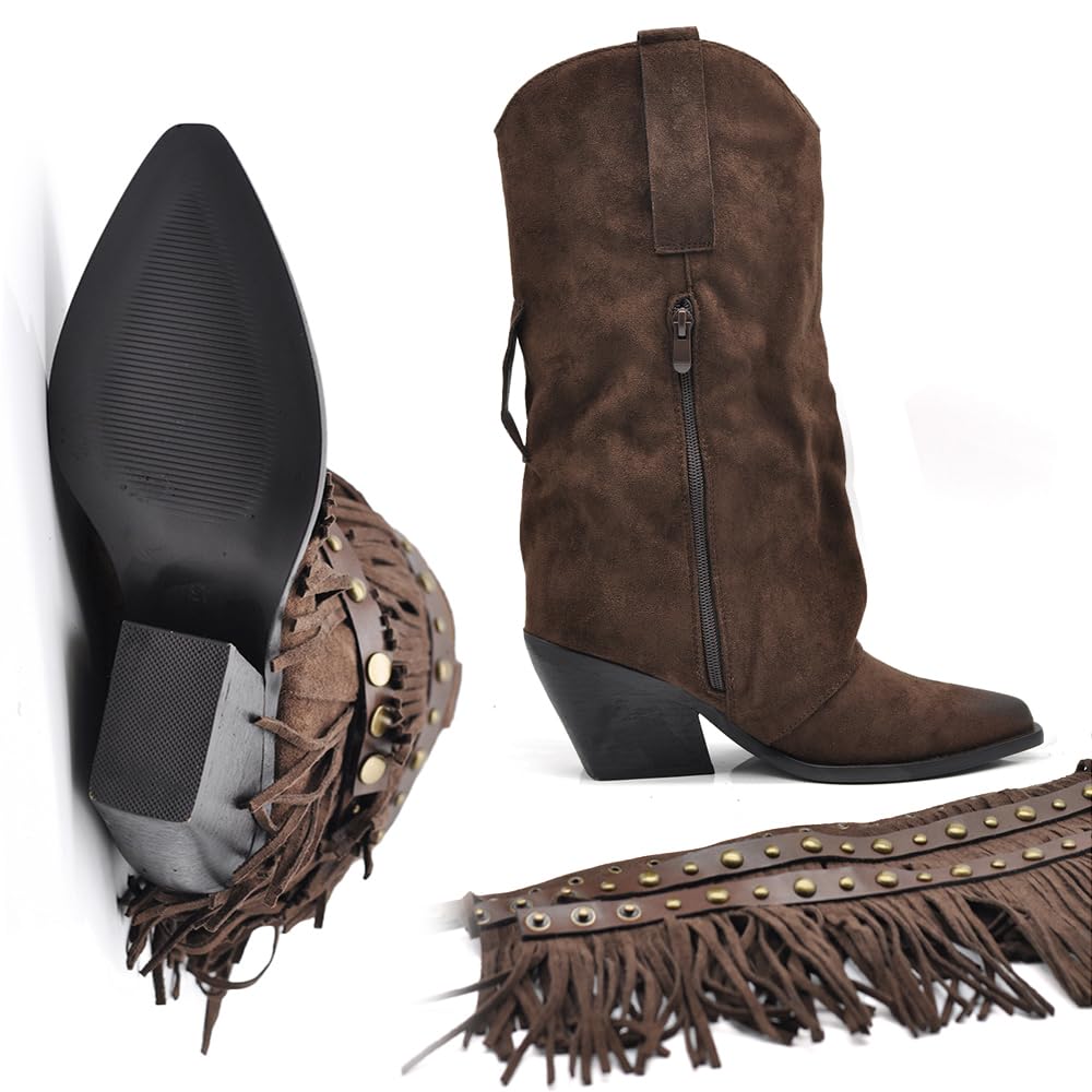 IF Stivali Texani da Donna Western Cowboy Cowgirl in Camoscio Sintetico con Borchie e Frange Rimovibili a 3 Strati Tacco Medio Stile Camperos GA053