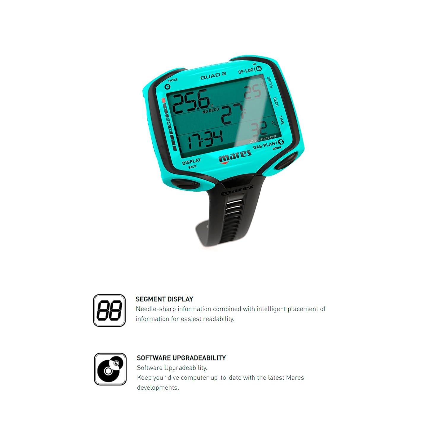 Mares Quad 2 Dive Computer with Segment Display and Software Upgradeability features highlighted