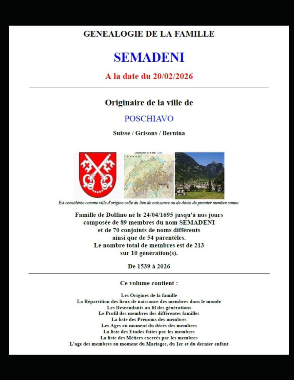 Généalogie Famille SEMADENI de Dolfino(1695) à nos jours - Tome II