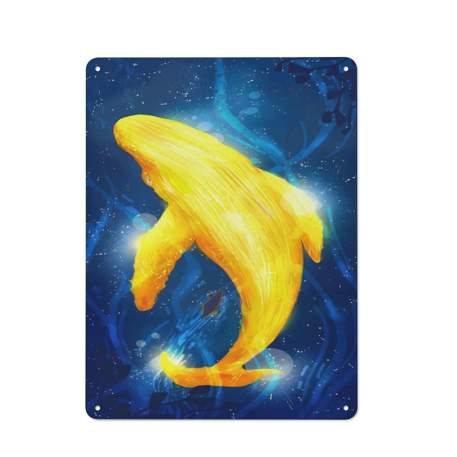 Metal Wall Art Sign with Golden Whale in Blue Design 40x30cm, Urban Industrial Wall Decor for Workspace, Cafe, Hallway Or Garage