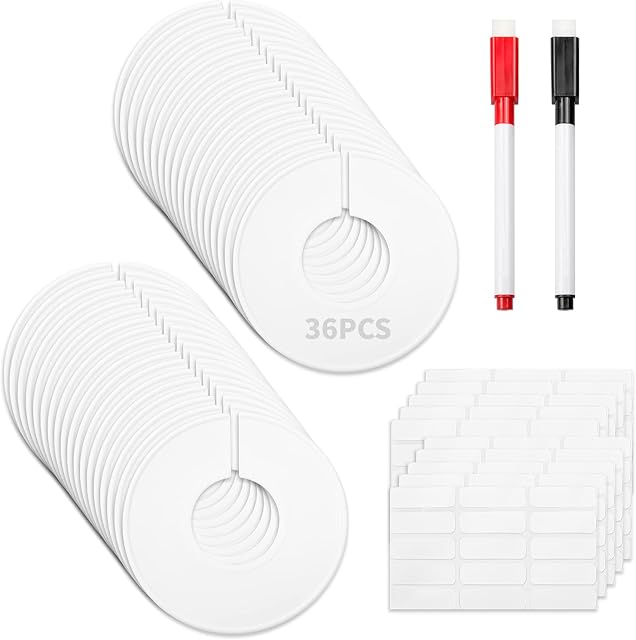 JC-Houser 36Pcs White Clothing Rack Size Dividers, Round Clothes Hanger Separator Dividers with 150 Labels (1 Inch) and 2 Markers, Sturdy Baby Closet Organizer Clothing Rod Dividers