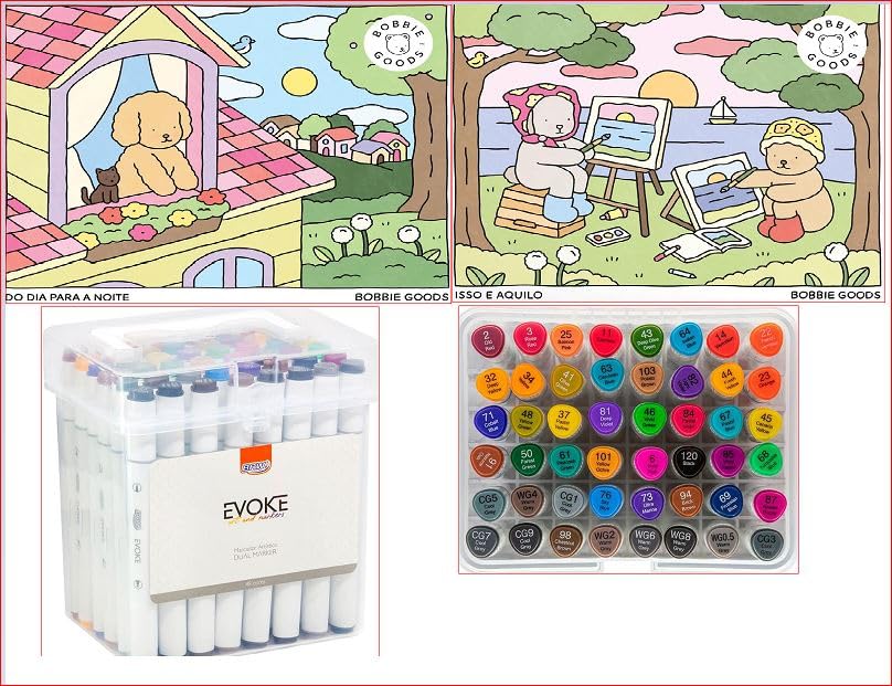 KIT BOBBIE GOODS - DO DIA PARA A NOITE + ISSO E AQUILO + MARCADOR ARTÍSTICO EVOKE DUAL MARKER - ESTOJO 48 CORES