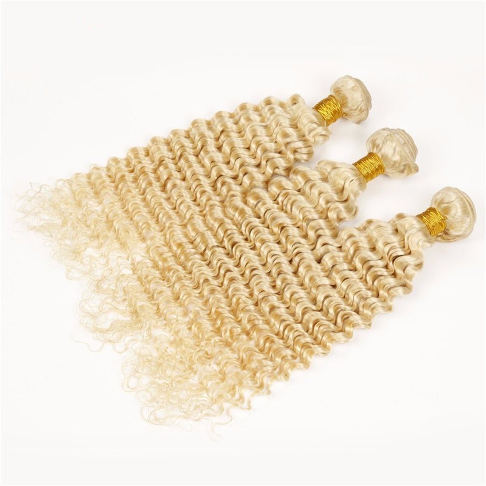 Ruma Hair Brazilian Blonde Virgin Hair Deep Wave 3Pcs Platinum Blonde Curly Hair Weft #613 Gold Blonde Human Hair Weave Bundles (10''12''14'')