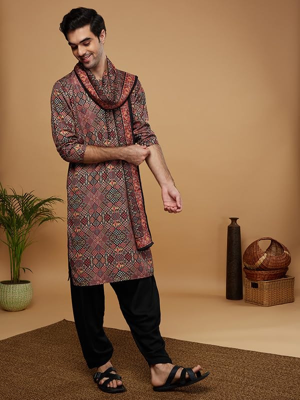 Image of KISAH Men's Kurta Patiala Set with Dupatta, Black Cotton Blend, Printed Regular Fit Mandarin Collar Long Sleeves
