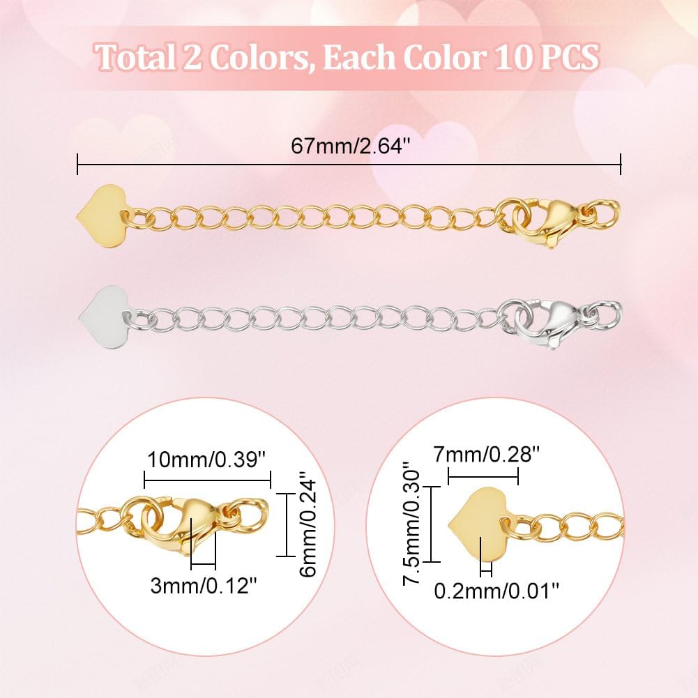 UNICRAFTALE 20 Pcs 2 Colors Metal Curb Chain Extender 67mm 18K Gold Plated End Chains with Lobster Claw Clasps Heart Chain Extender Necklace Bracelet Extender Chain Tails Chains for Jewelry Making - Image 3