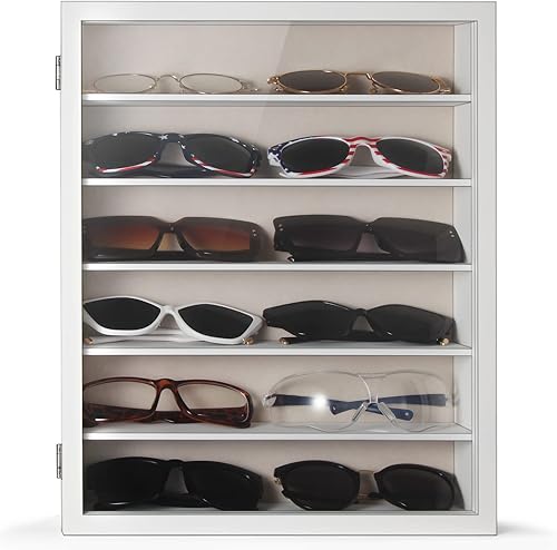 Miniatura 3 de TJ.MOREE Organizador de gafas de sol de almacenamiento montado en la pared 13 x 15.6 pulgadas vitrina de gafas de madera rústica soporte grande caja