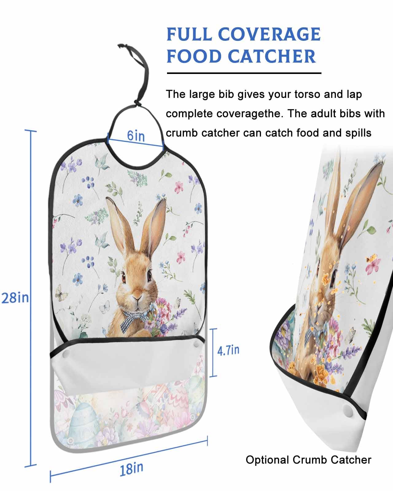 LEOKOTI Easter Bunny Adult Bibs for Eating, Waterproof Bibs with Food Catcher & Snap Closure, Spring Floral Botanical Colorful Eggs Colorful Washable Clothing Protectors Adult Bibs for Elderly